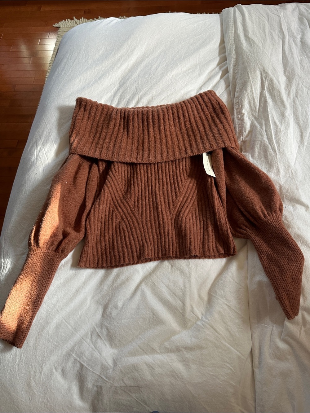 Anthropologie Off-the-Shoulder Ribbed Sweater in Rust Brown